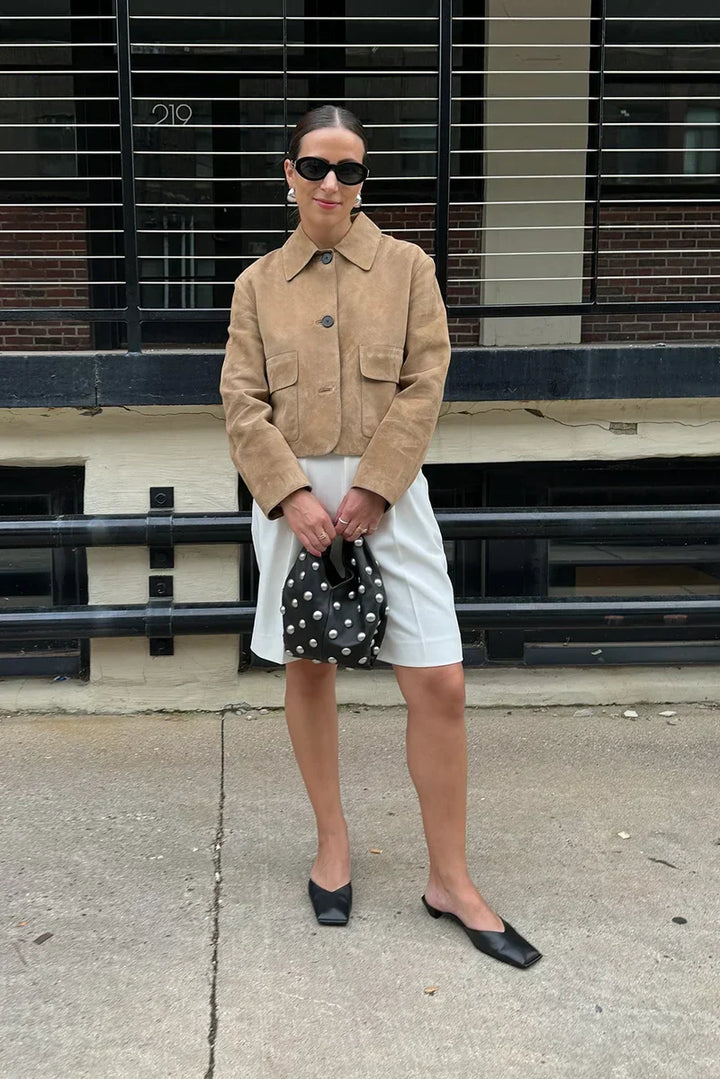 Laurel Veste Femme Courte en Suédine Beige Élégant, Style Minimaliste & Urbain, vue 5