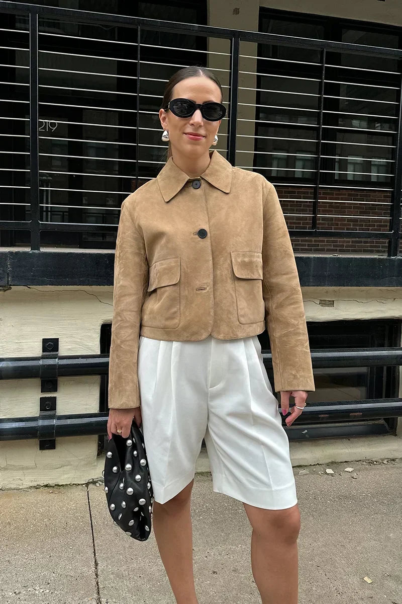 Laurel Veste Femme Courte en Suédine Beige Élégant, Style Minimaliste & Urbain, vue 7