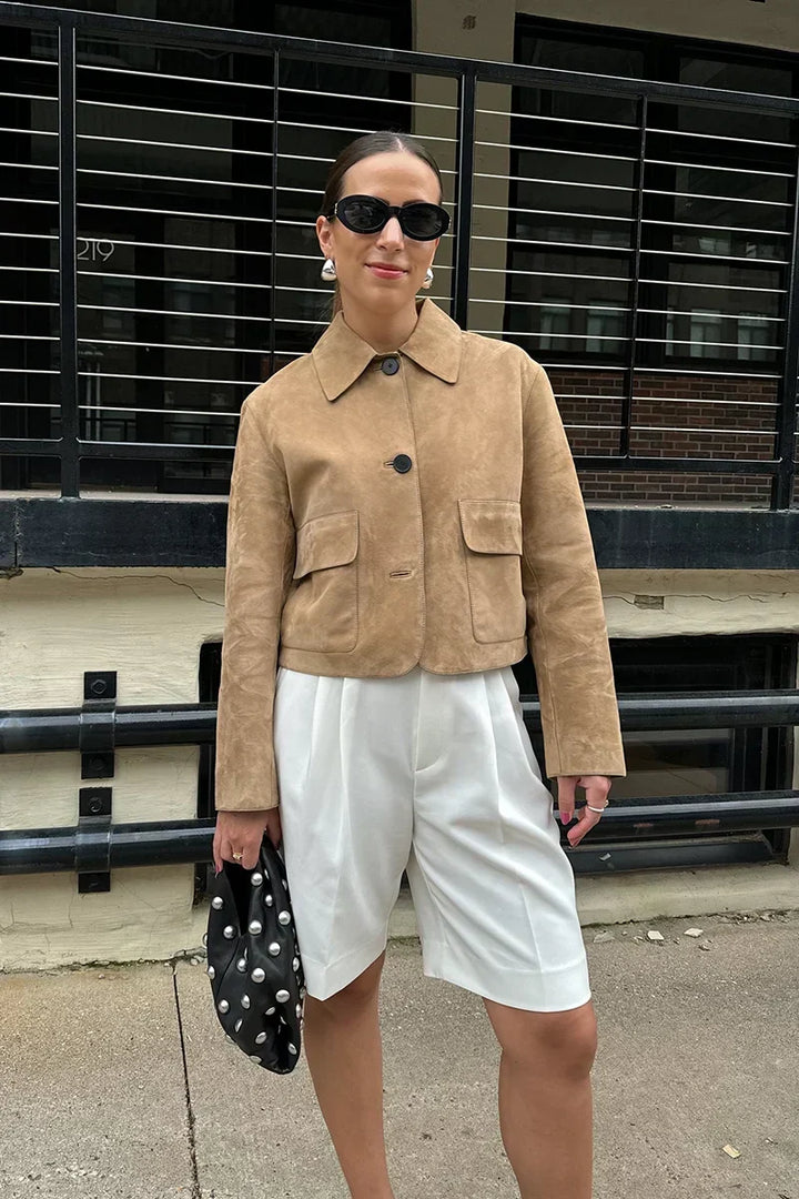 Laurel Veste Femme Courte en Suédine Beige Élégant, Style Minimaliste & Urbain, vue 7
