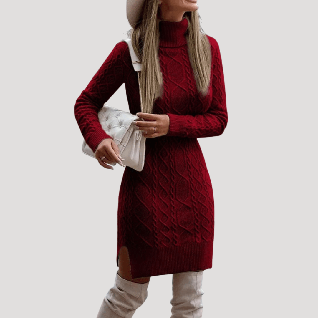 Robe Midi Femme en Maille Torsadée Col Montant