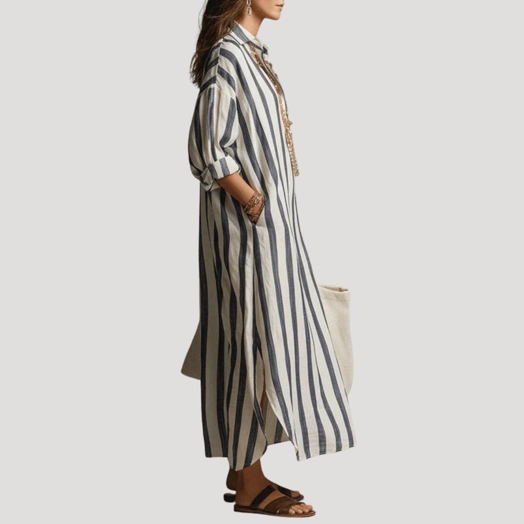 Women's Striped Long Linen Shirt Dress