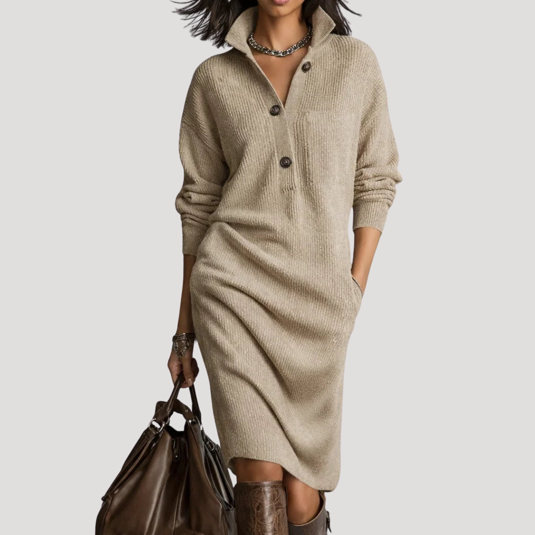 Women's Buttoned Mock Neck Knit Midi Dress