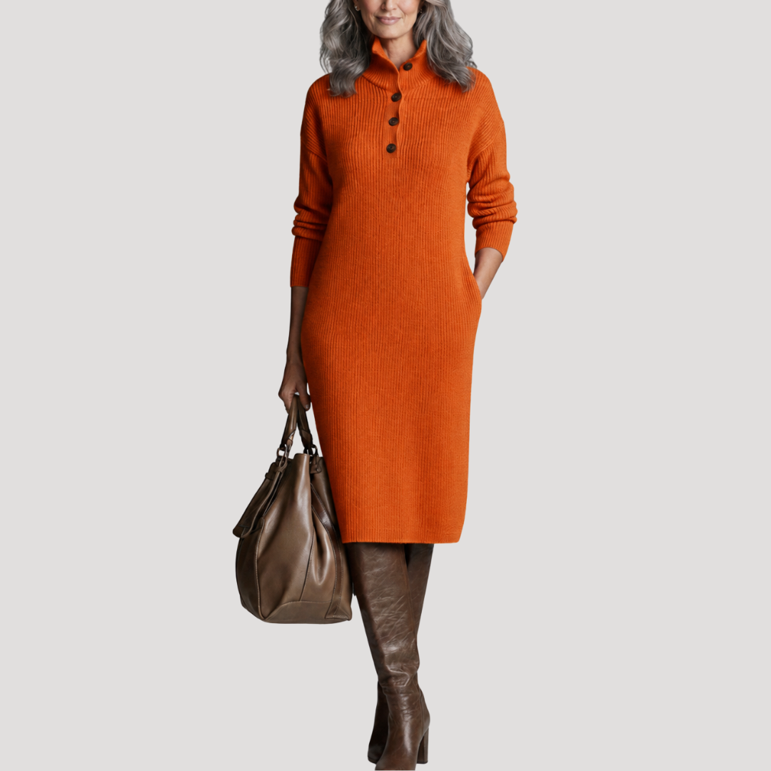 Robe Midi Femme Côtelée à Col Montant