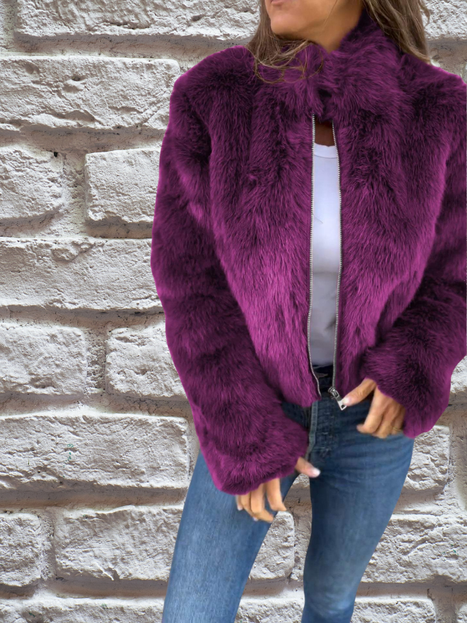 Hiya Veste courte en fausse fourrure pour femme Manteau chic à fermeture zippée avec détails en fourrure & coupe chaude et confortable, vue 4