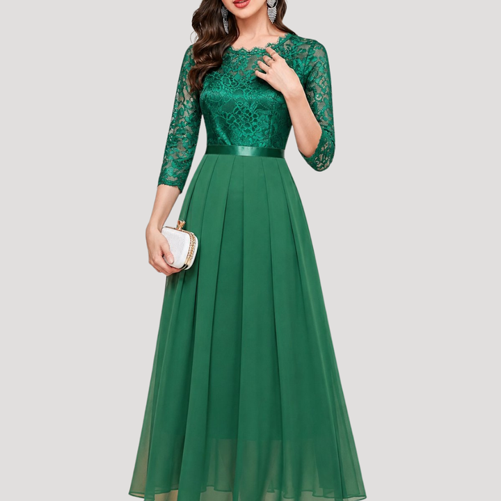 Robe Longue Femme Plissée avec Corsage en Dentelle et Manches 3/4