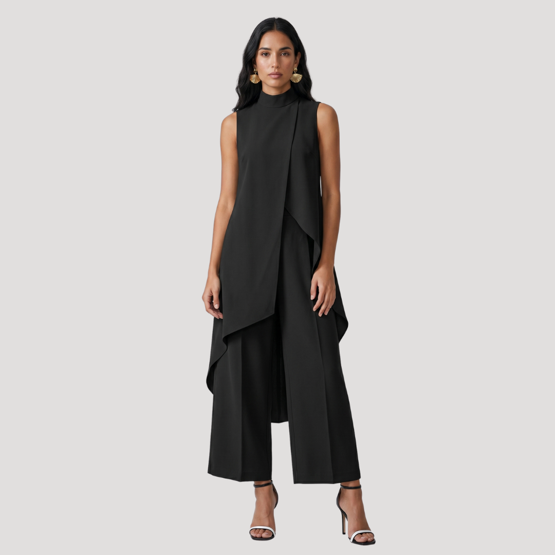 Elegant Women's Two-Piece Set with Asymmetric Long Top and Wide-Leg Trousers