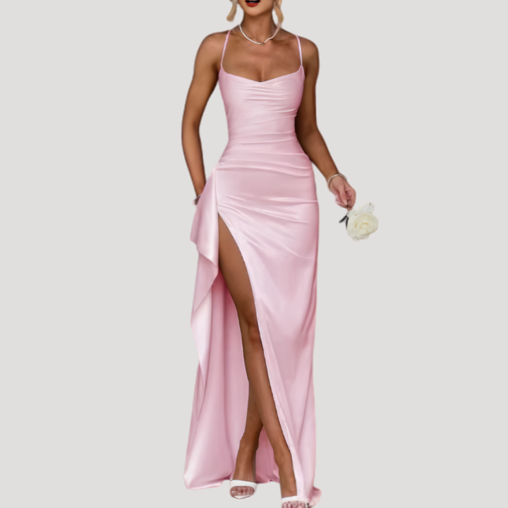 Women's Satin Cowl Neck High Slit Maxi Dress