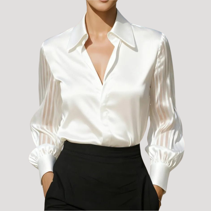 Blouse Satinée Femme à Col et Manches Longues Transparentes