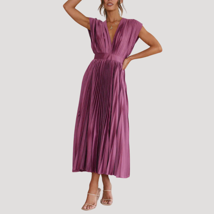 Robe Longue Femme Plissée Col V pour Mariage
