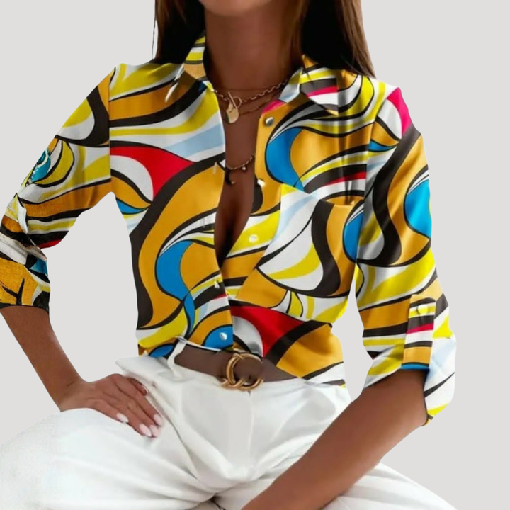 Women's Chic Geometric Print Shirt Collar Blouse