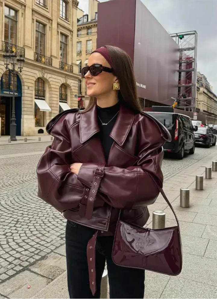 Audace Parisienne Veste Oversize Effet Cuir Ceinture, Style Moderne & Élégant Femme