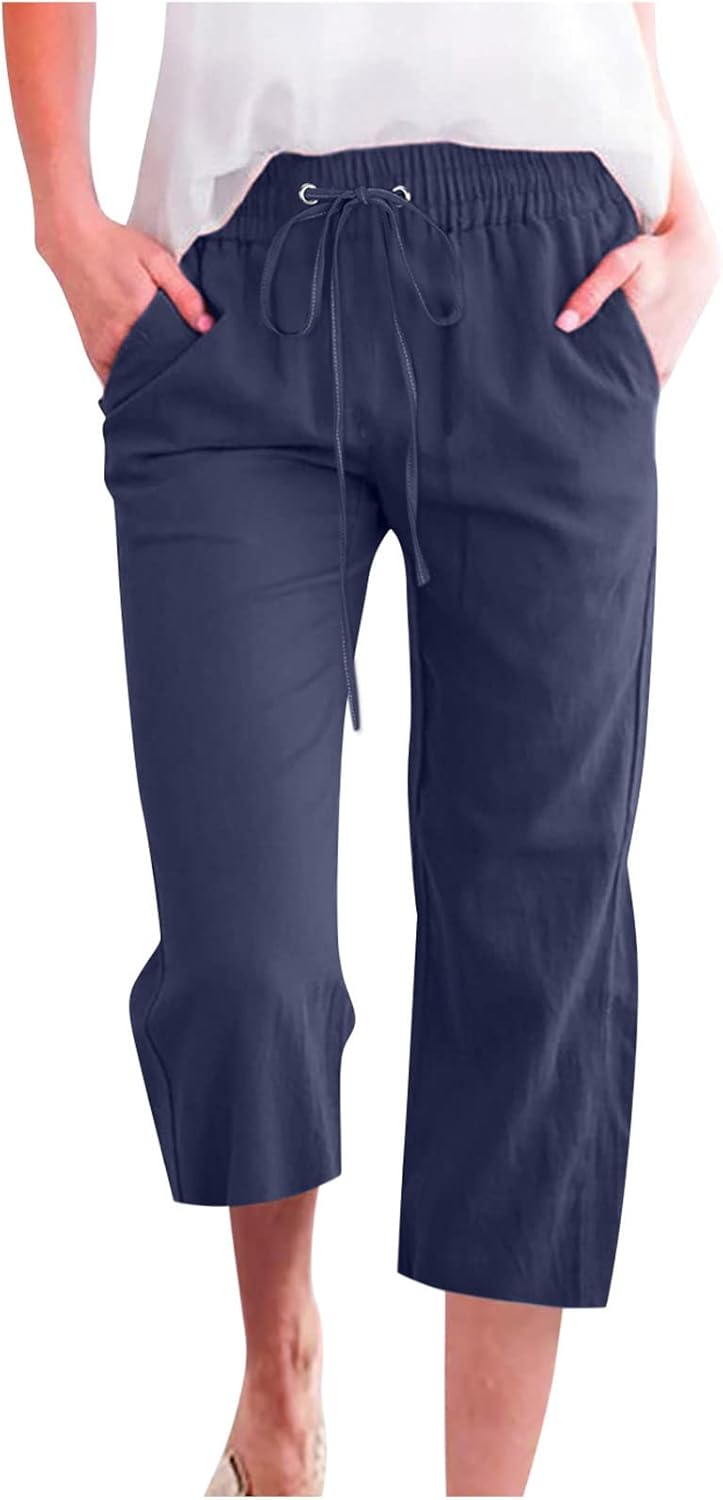 Vinia Pantalon Femme Capri Lin Coupe Large, Taille Élastique, Léger Été Chic, vue 3