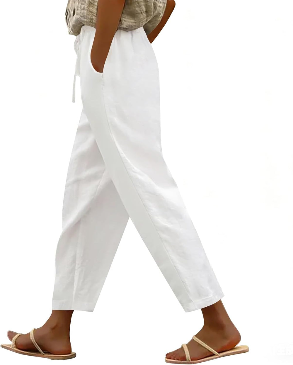 Merry Pantalon Femme Lin Coton Capri Léger, Taille Élastique, Décontracté Été, vue 2