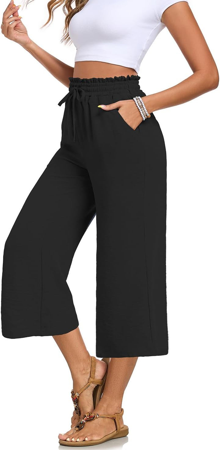 Joanna Pantalon Femme Capri Coupe Large, Taille Haute Élastique, Léger Été Chic, vue 4