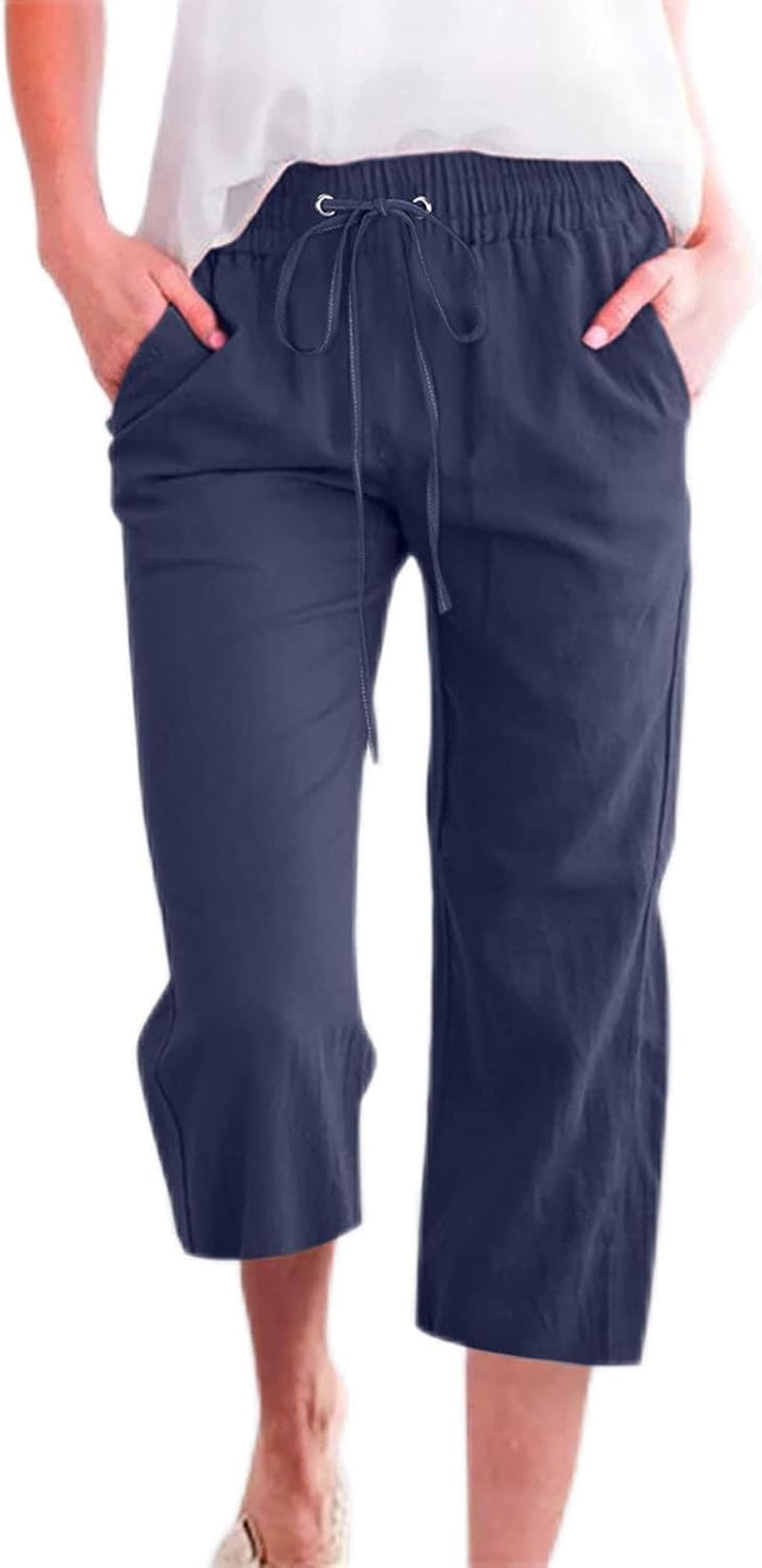 Vinia Pantalon Femme Capri Lin Coupe Large, Taille Élastique, Léger Été Chic, vue 2