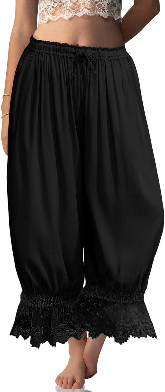 Tyra Pantalon Femme Vintage Bloomer Lin Dentelle, Coupe Large Ruffle Été Chic, vue 2