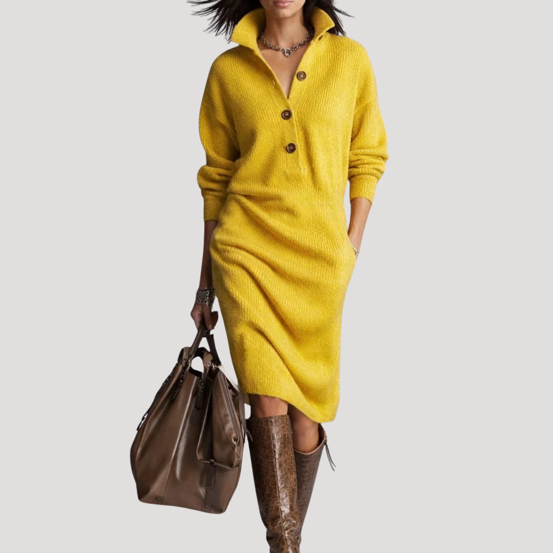 Women's Buttoned Mock Neck Knit Midi Dress