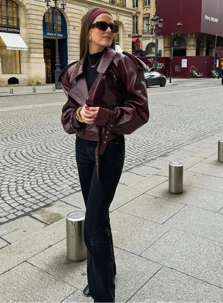 Audace Parisienne Veste Oversize Effet Cuir Ceinture, Style Moderne & Élégant Femme, vue 2