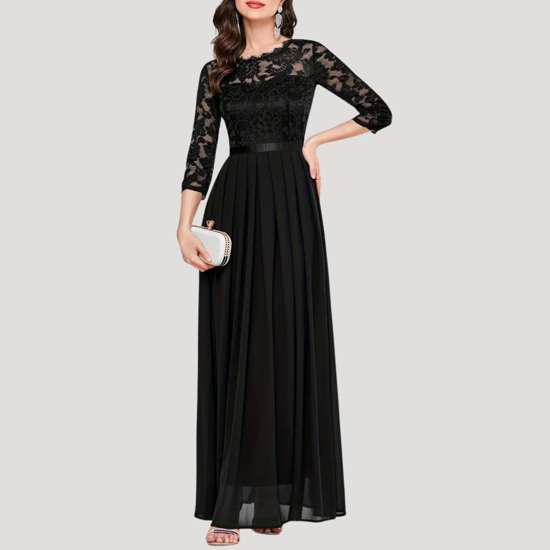 Robe Longue Femme Plissée avec Corsage en Dentelle et Manches 3/4