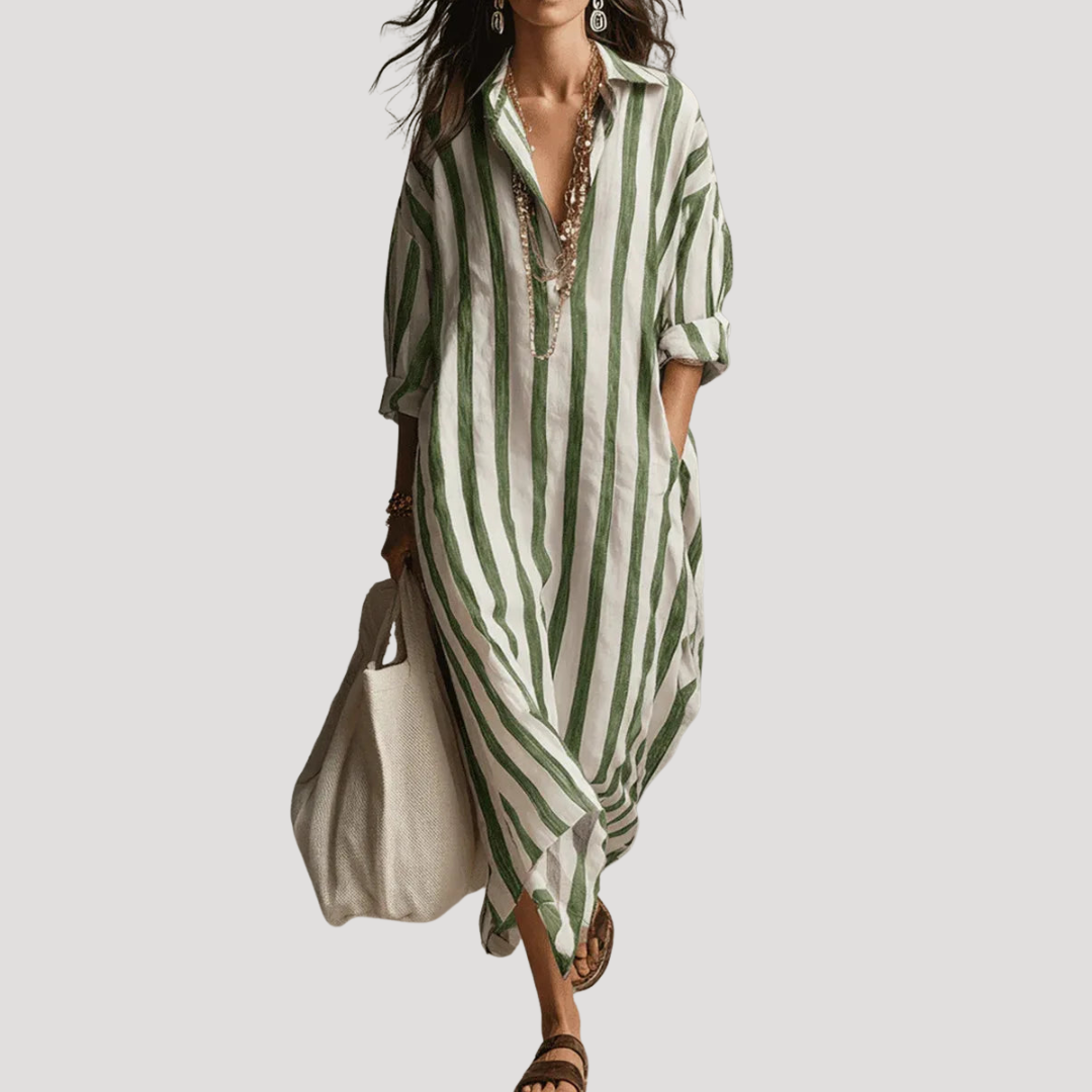 Women's Striped Long Linen Shirt Dress