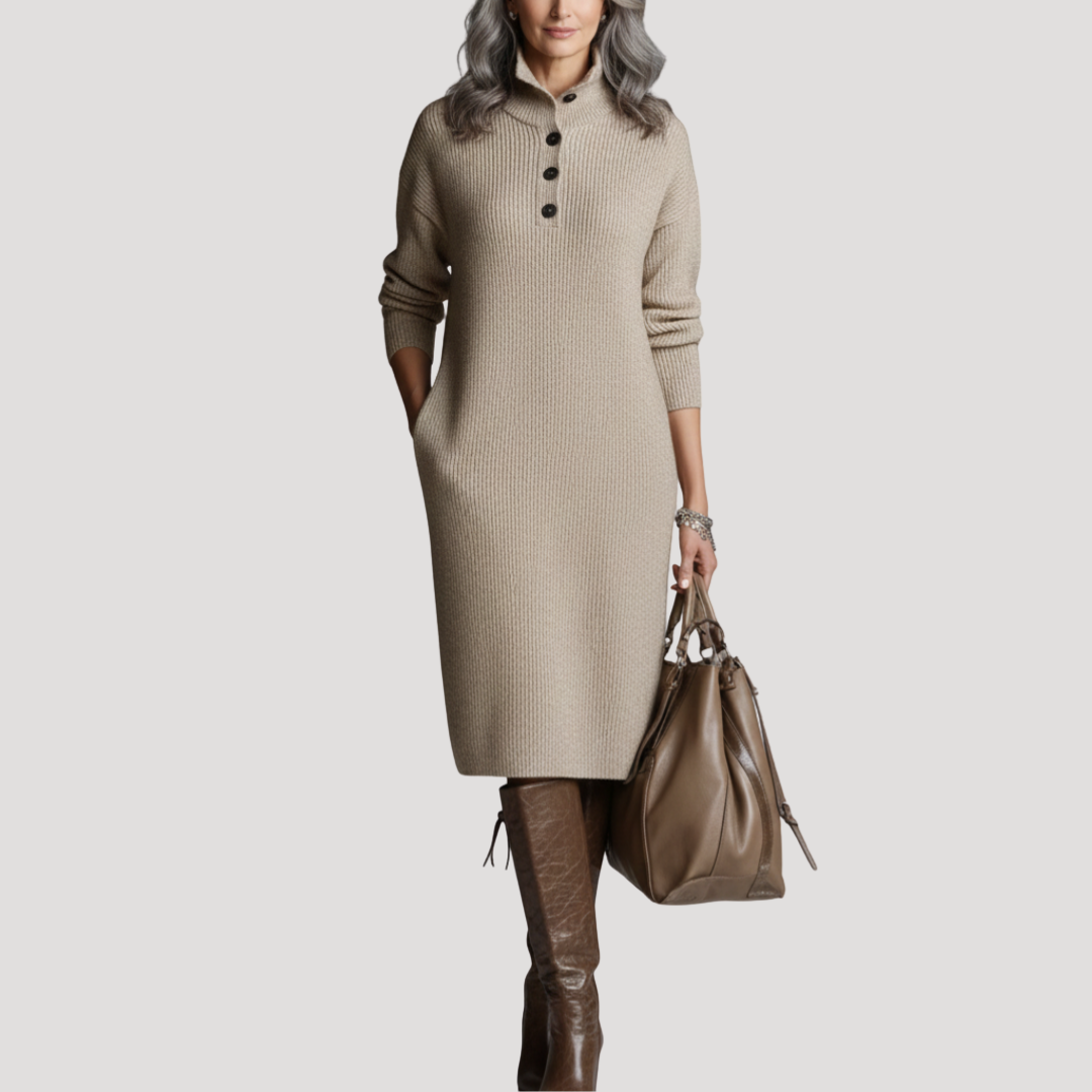 Robe Midi Femme Côtelée à Col Montant