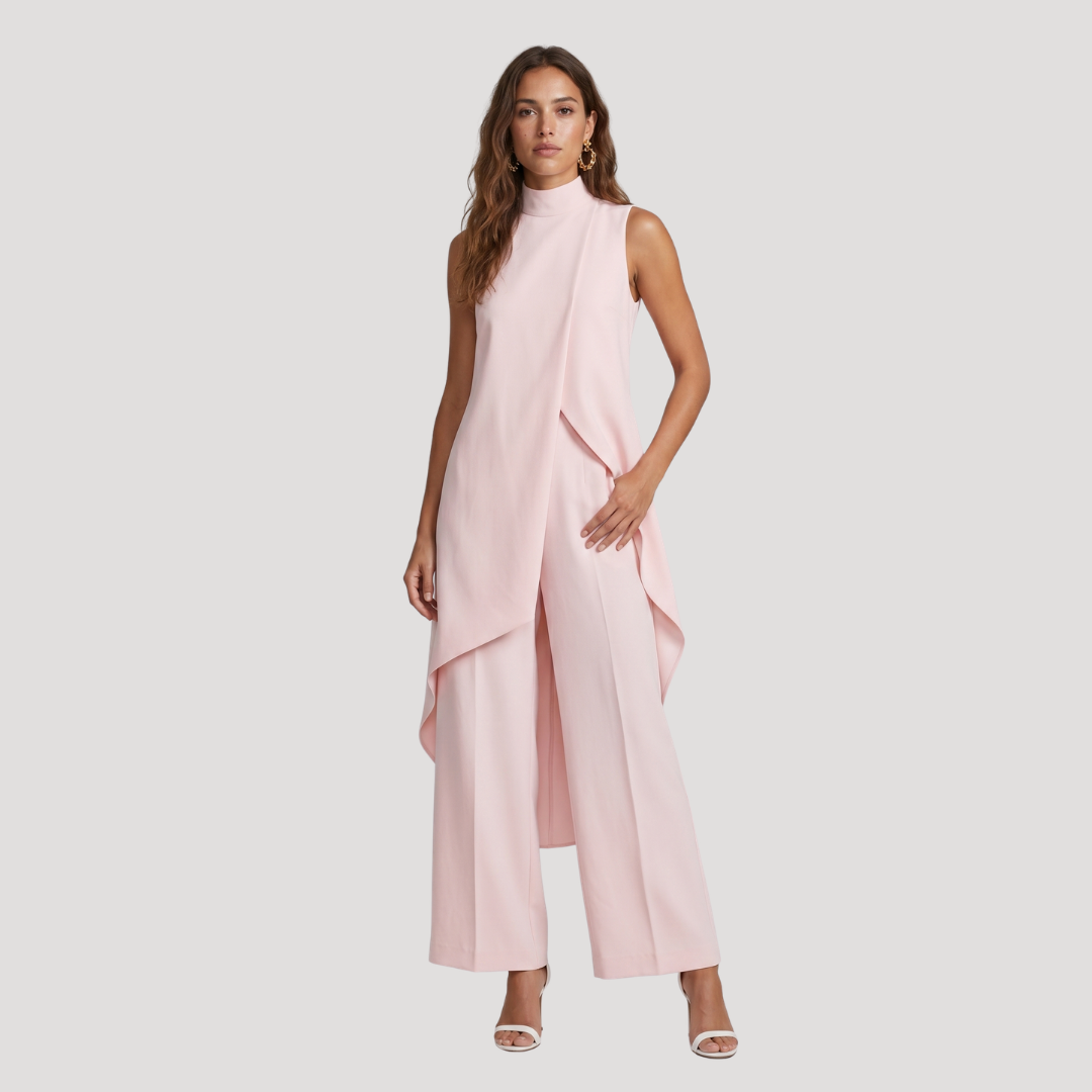 Elegant Women's Two-Piece Set with Asymmetric Long Top and Wide-Leg Trousers