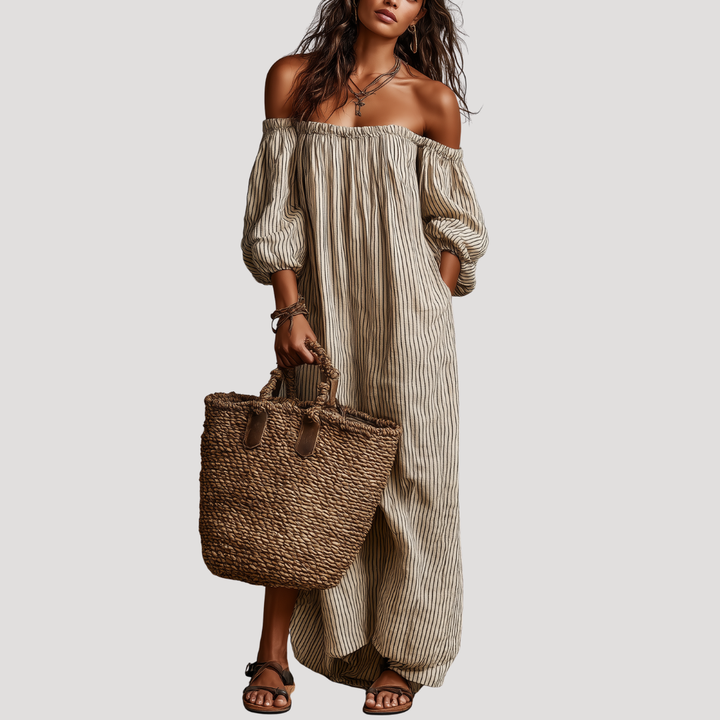 Boho Striped Off-the-Shoulder Maxi Dress