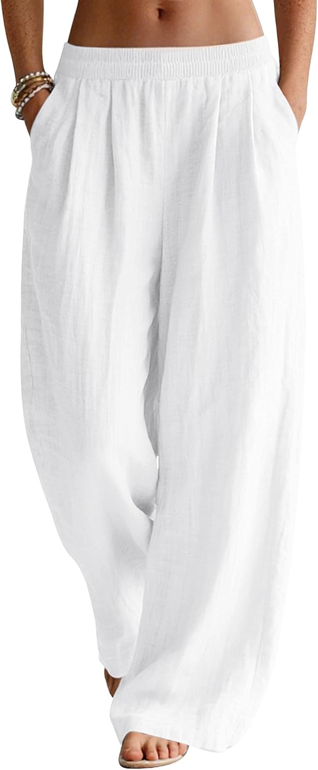 Linda Pantalon Femme Pantalon Lin Palazzo Taille Élastique & Poches Été, vue 2