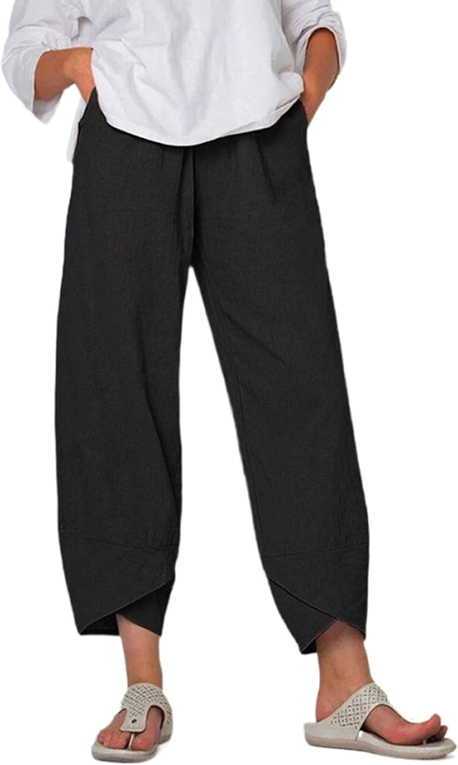 Caprice Pantalon Femme Capri Coton Taille Haute Élastique, Coupe Tulipe Été Chic, vue 3