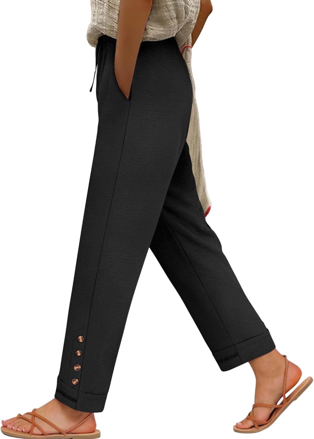 Cianne Pantalon Femme Capri Coupe Fluide, Taille Élastique Cordon, Casual Été Chic, vue 2