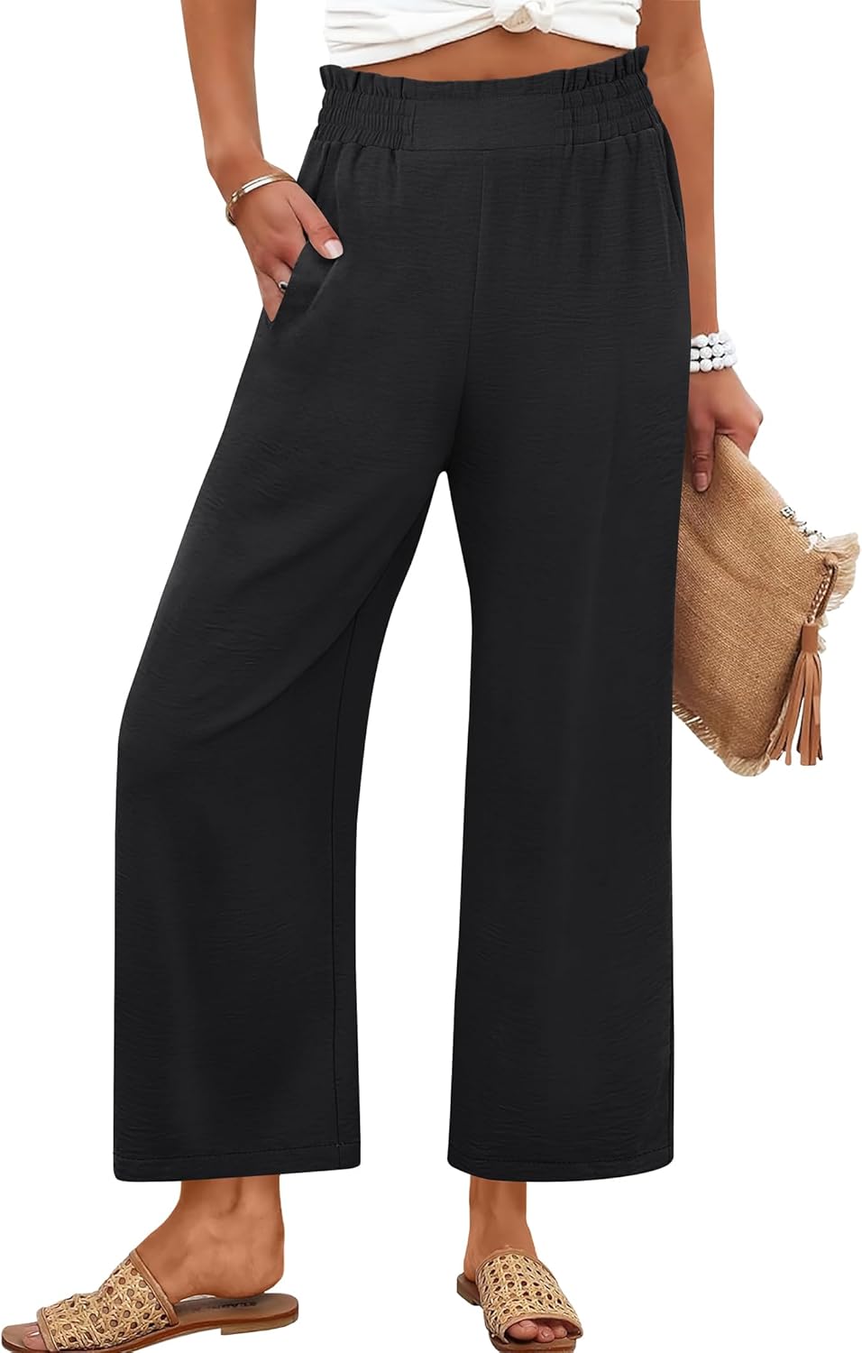 Eva Pantalon Femme Pantalon Palazzo Court Taille Haute & Poches Été, vue 2