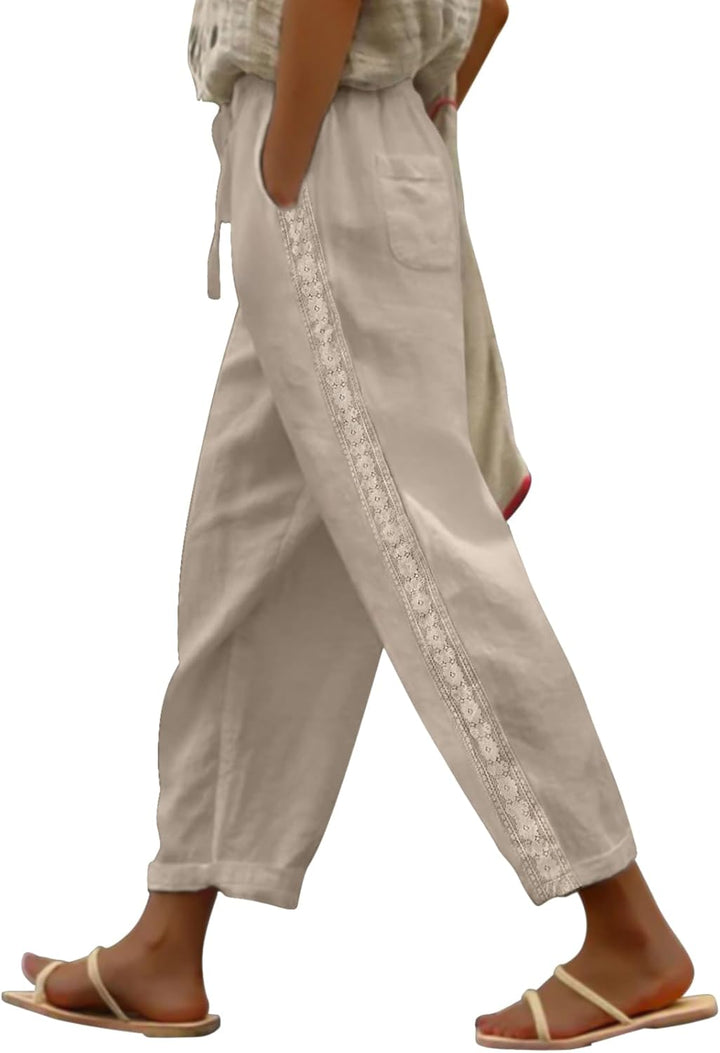 Ysabel Pantalon Femme Lin Capri Dentelle, Coupe Large, Taille Élastique Été Chic, vue 2
