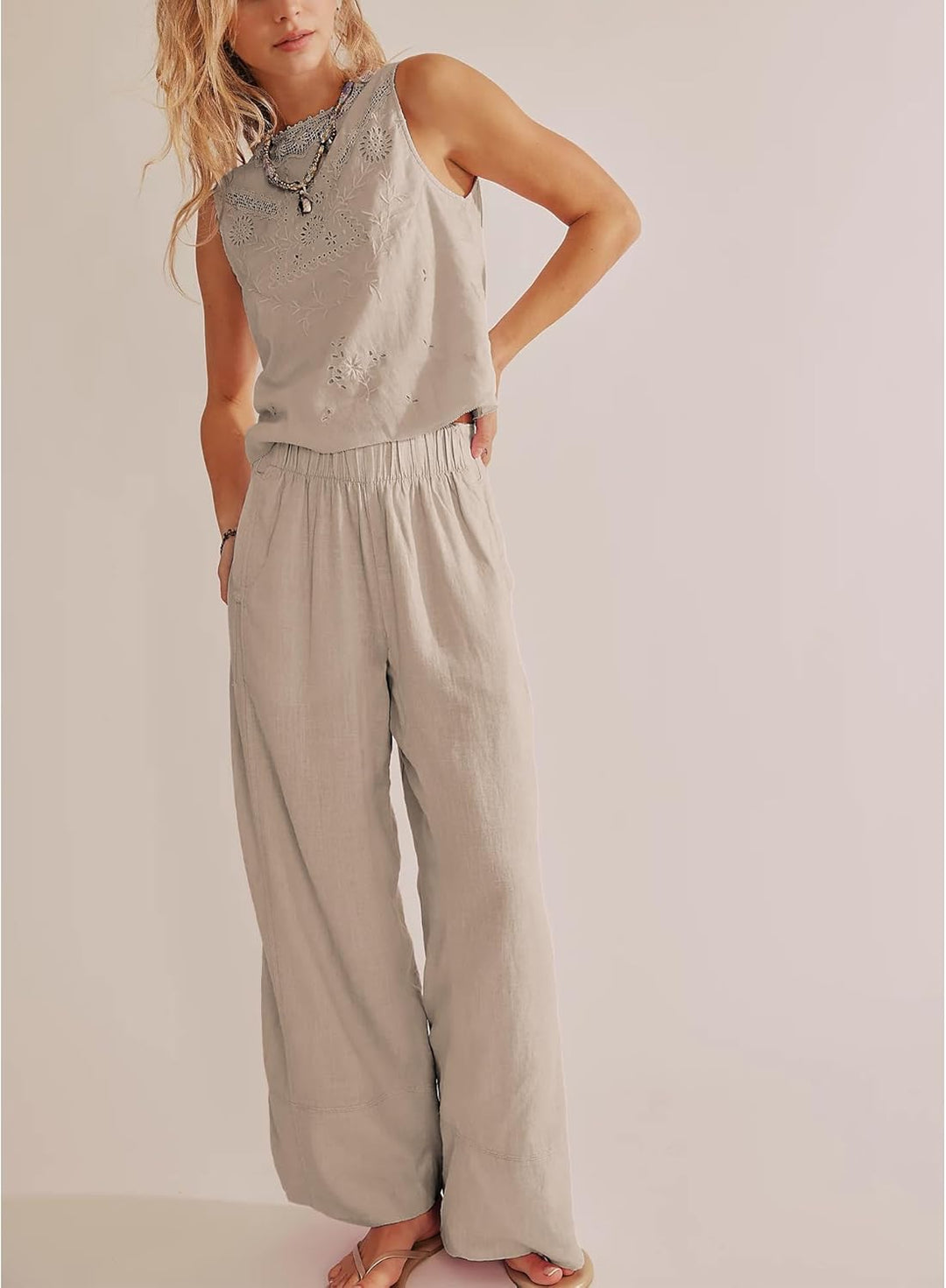Milan Pantalon Femme Pantalon Lin Palazzo Large Taille Élastique & Poches, vue 5