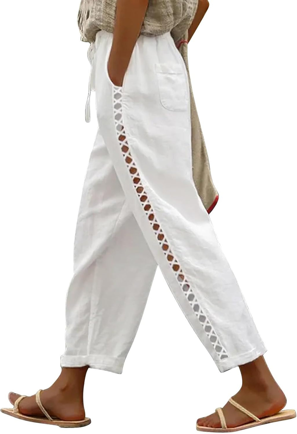 Jemaya Pantalon Femme Lin Capri Taille Élastique Cordon, Léger Été Petite Chic, vue 2
