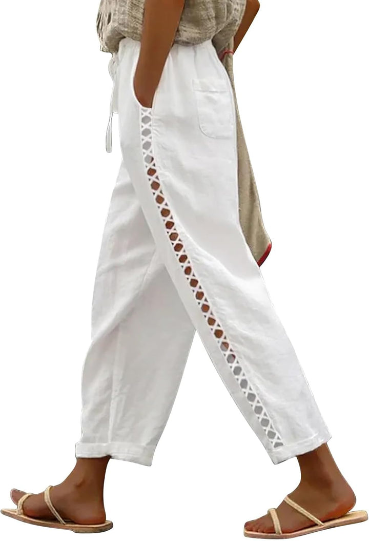 Jemaya Pantalon Femme Lin Capri Taille Élastique Cordon, Léger Été Petite Chic, vue 2