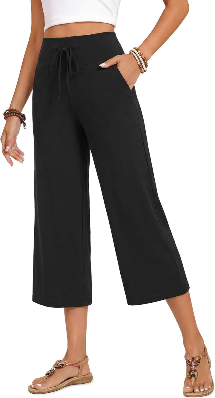 Nina Pantalon Capri Femme Pantalon Large Taille Haute Cordon & Poches Été, vue 2