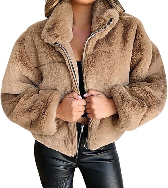 Terry Veste Teddy Femme Manteau Hiver Doux avec Col Haut & Coupe Moderne Zippée