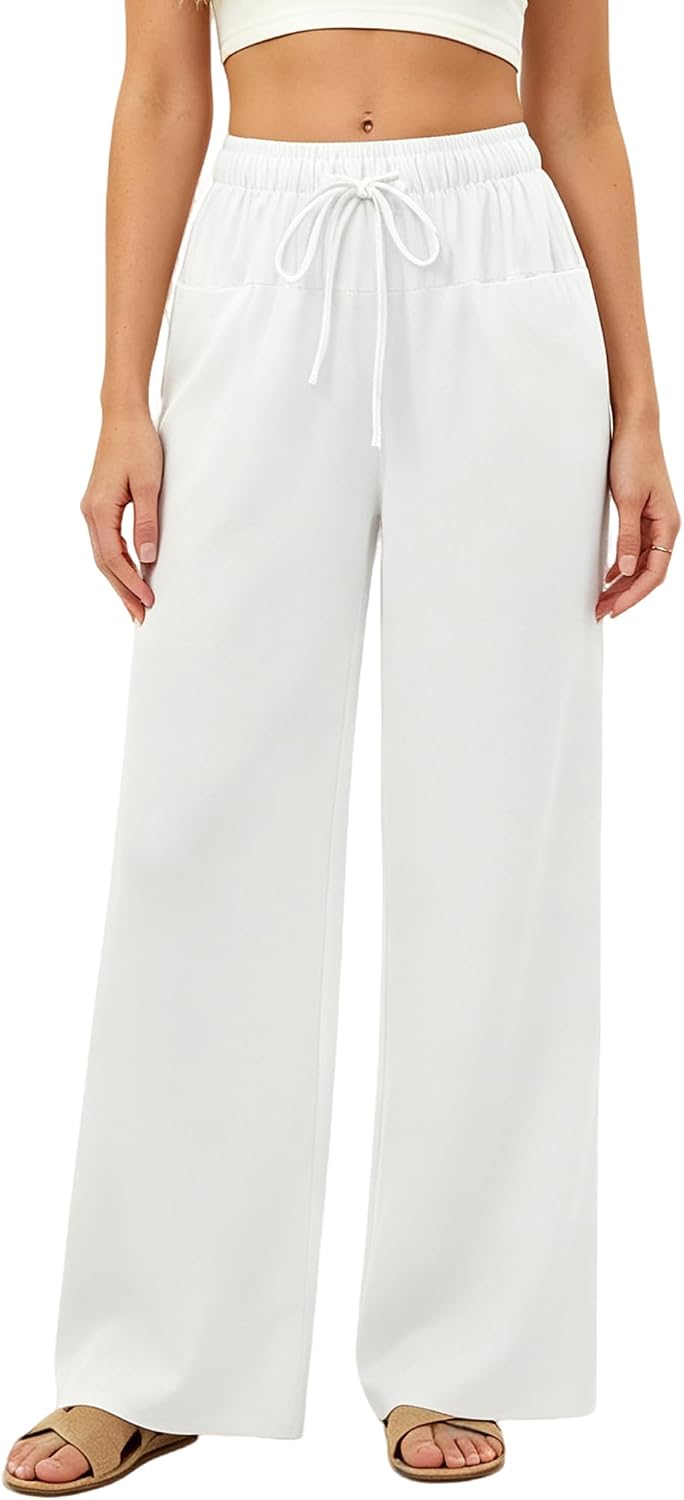 Ginevra Pantalon Palazzo Femme Coton & Lin, Taille Haute à Cordon, 4 Poches, vue 2