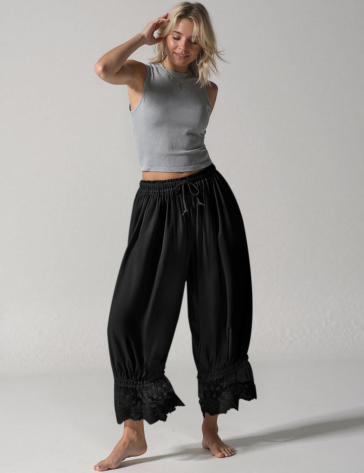 Tyra Pantalon Femme Vintage Bloomer Lin Dentelle, Coupe Large Ruffle Été Chic, vue 4