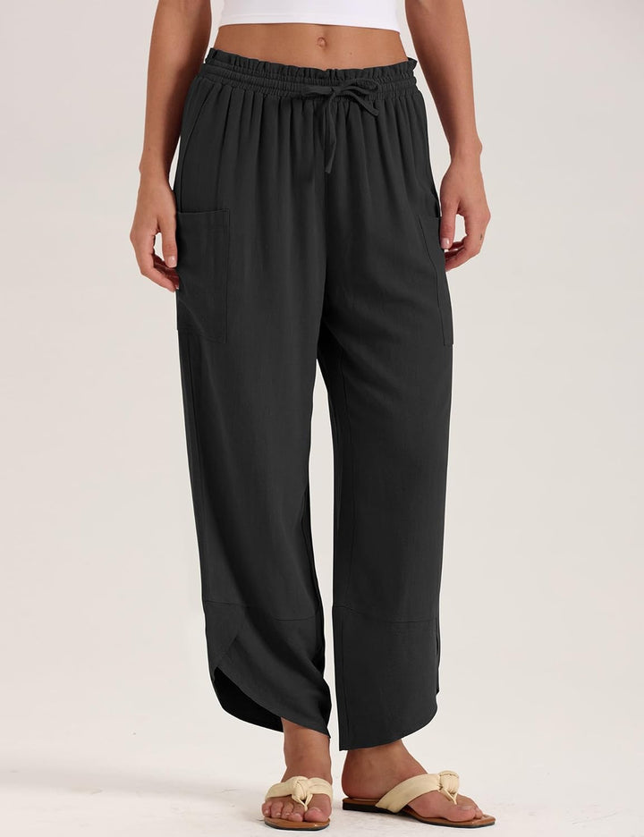 Jade Pantalon Femme Capri Palazzo Lin Bohème Large Taille Élastique & Poches, vue 3