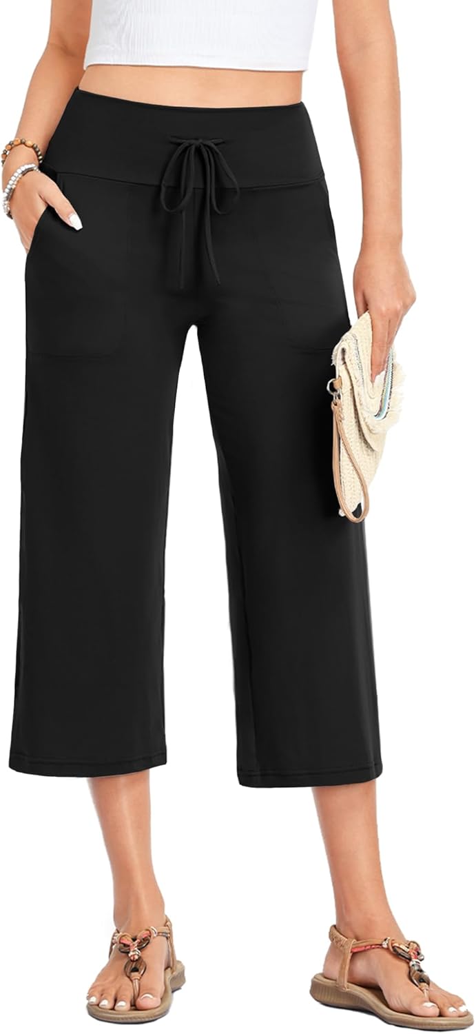 Nina Pantalon Capri Femme Pantalon Large Taille Haute Cordon & Poches Été, vue 3