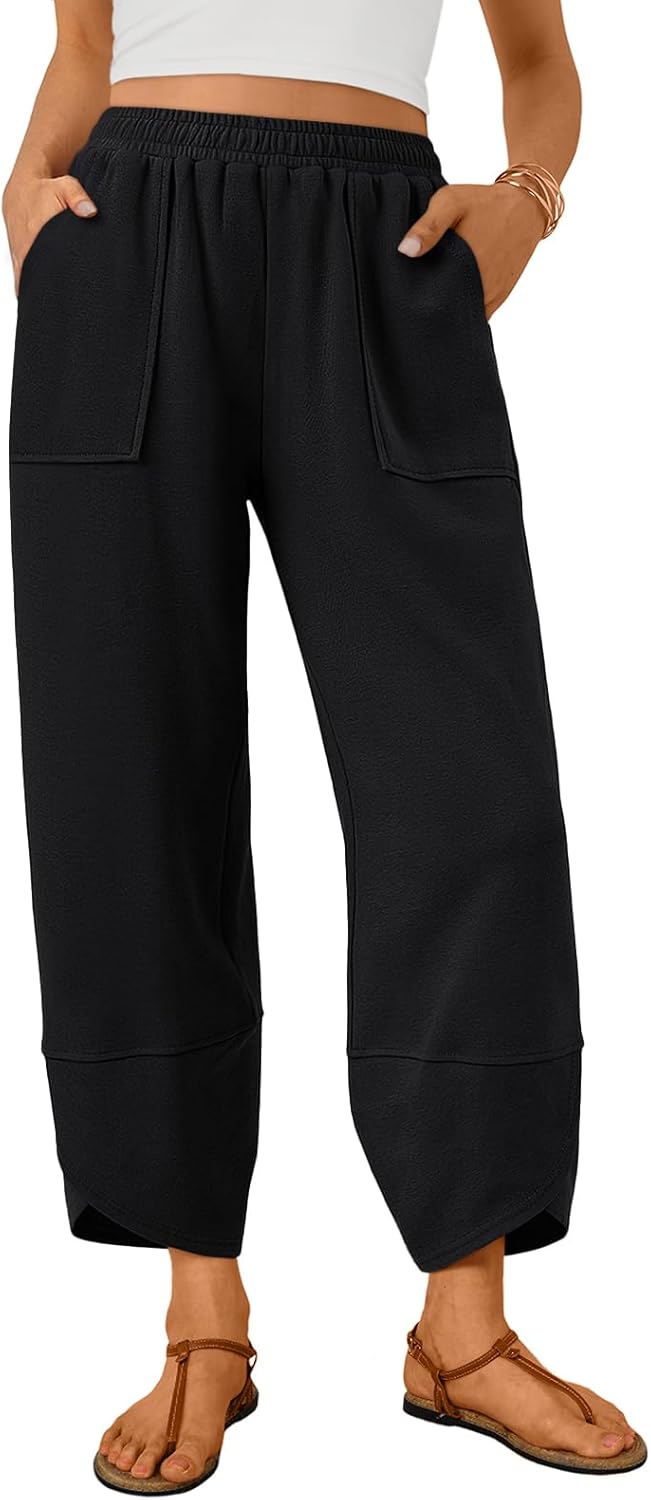 Quenn Pantalon Femme Pantalon Large Coton Taille Élastique & Poches Été, vue 2