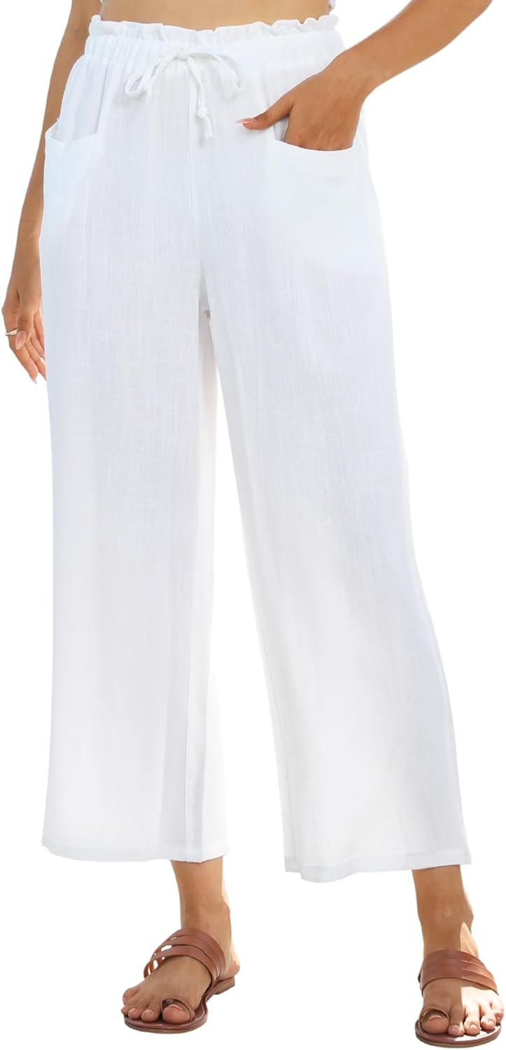 Linda Pantalon Femme Lin Capri Coupe Large Fluide, Taille Haute Élastique Été, vue 2