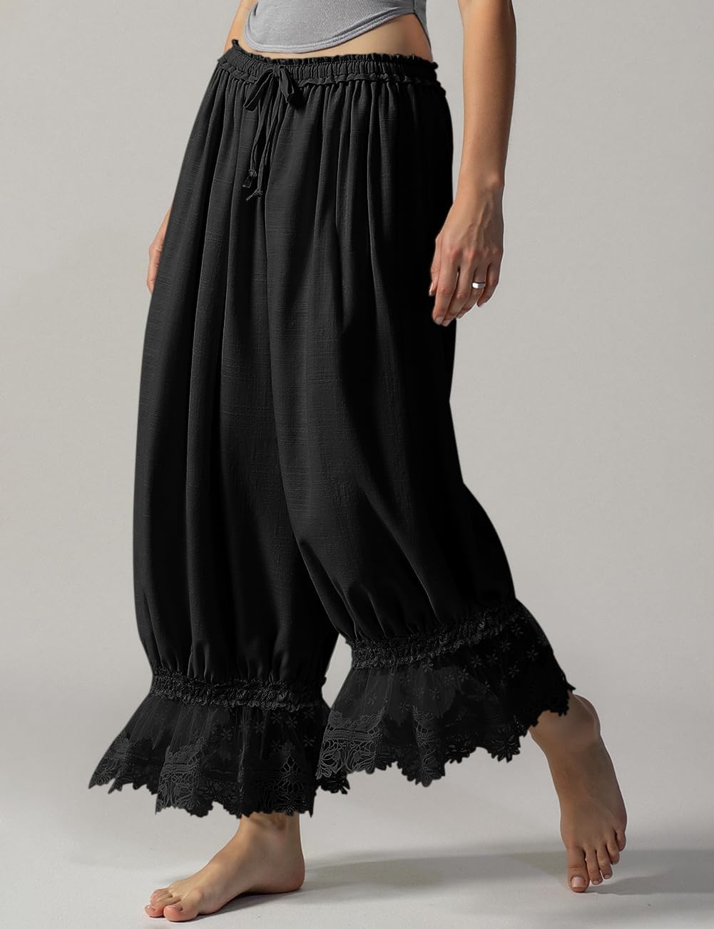 Tyra Pantalon Femme Vintage Bloomer Lin Dentelle, Coupe Large Ruffle Été Chic, vue 5