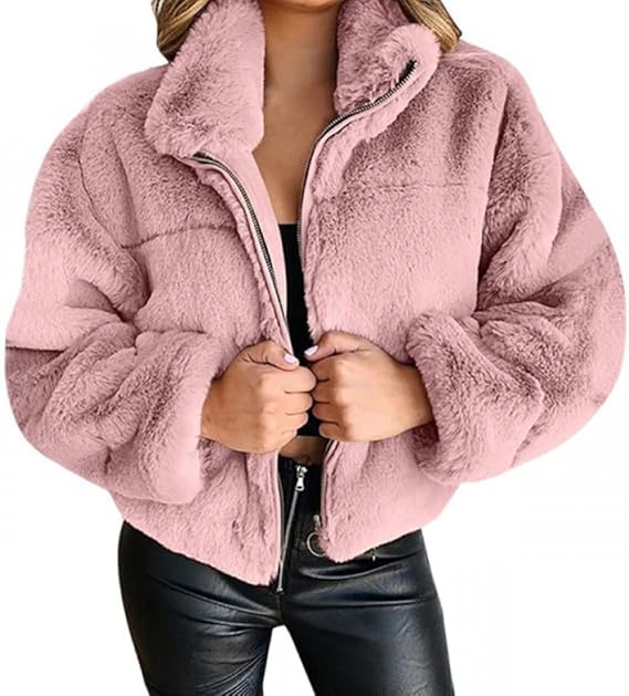 Terry Veste Teddy Femme Manteau Hiver Doux avec Col Haut & Coupe Moderne Zippée, vue 6