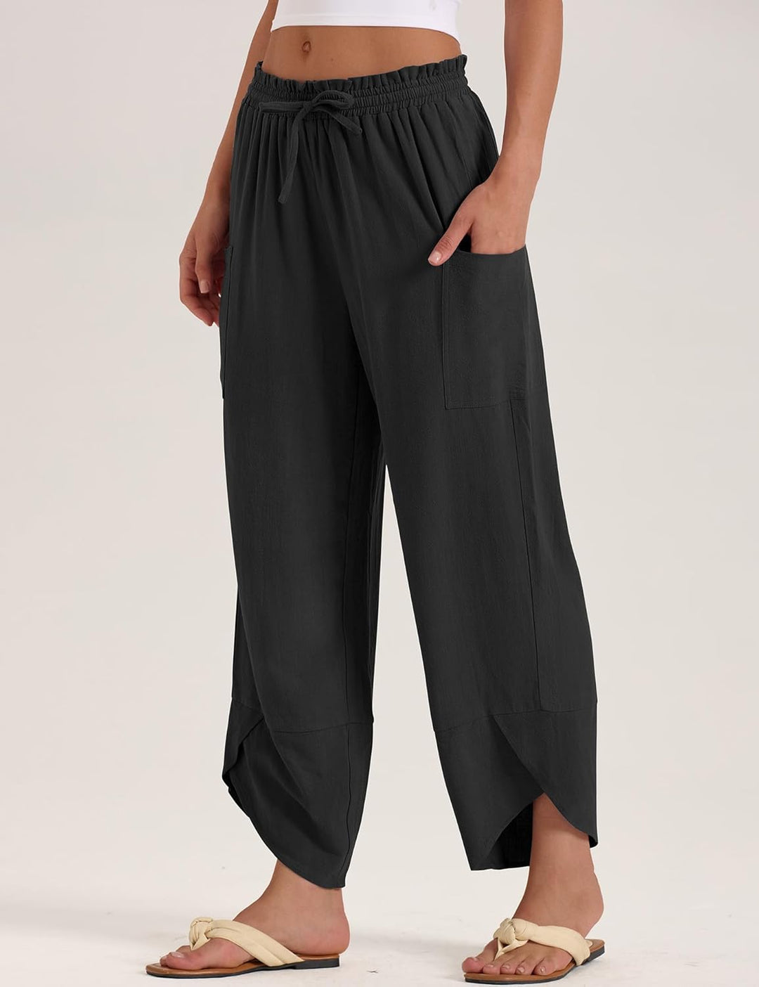 Jade Pantalon Femme Capri Palazzo Lin Bohème Large Taille Élastique & Poches, vue 5