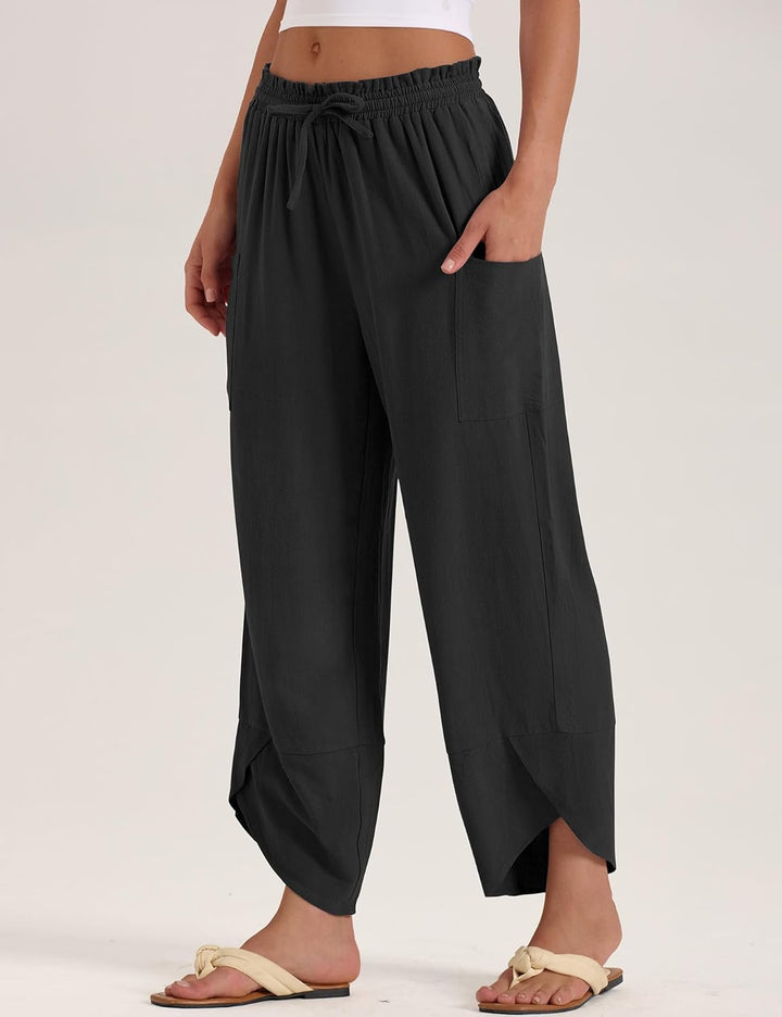 Jade Pantalon Femme Capri Palazzo Lin Bohème Large Taille Élastique & Poches, vue 5