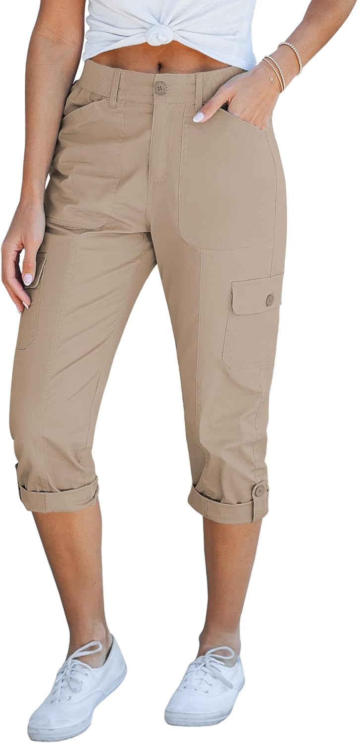 Laurice Pantalon Femme Cargo Capri Taille Haute Élastique, Multi Poches Décontracté, vue 2