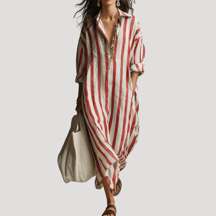 Women's Striped Long Linen Shirt Dress