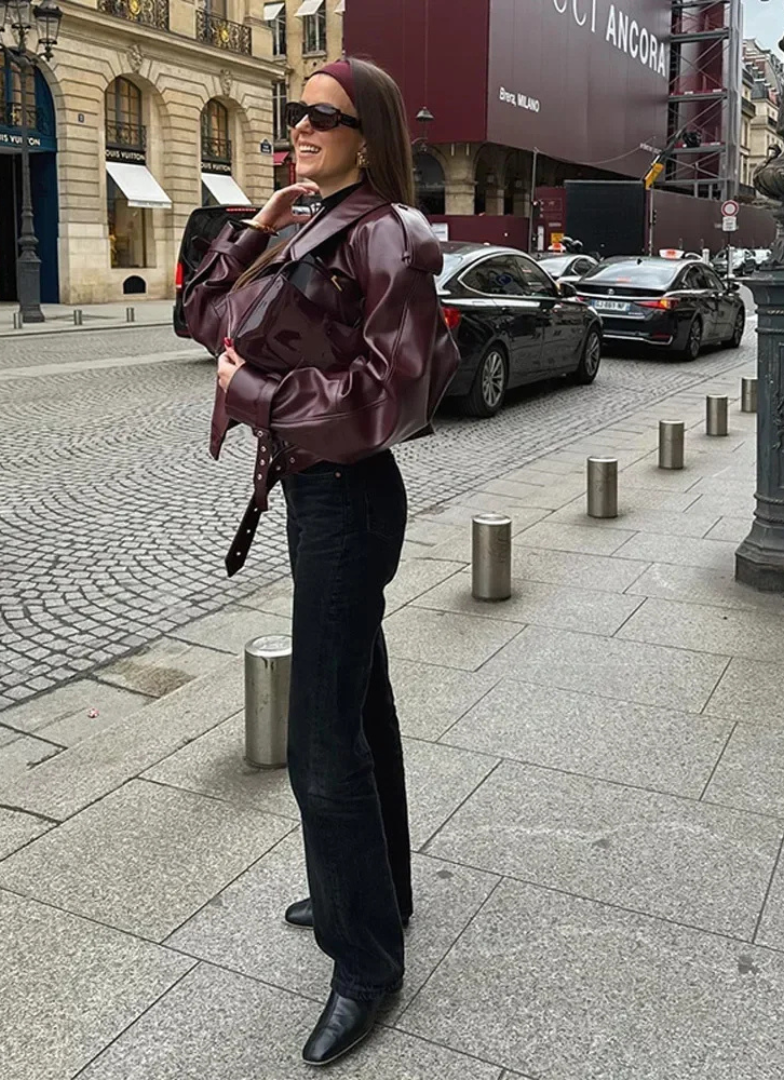 Audace Parisienne Veste Oversize Effet Cuir Ceinture, Style Moderne & Élégant Femme, vue 3